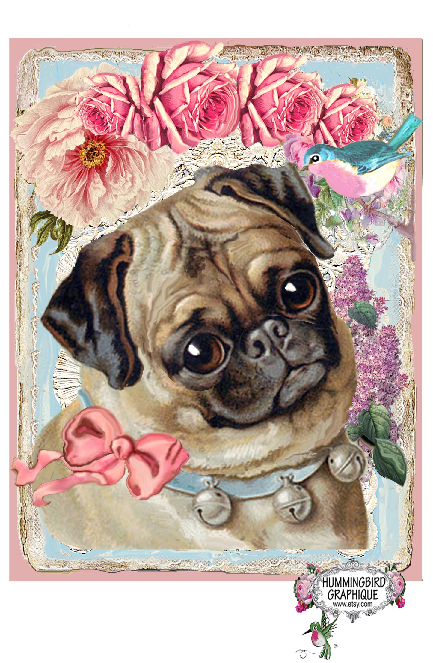 #456 PRECIOUS PUG PUPPY WITH ROSES AND BLUEBIRD - ANIMALS