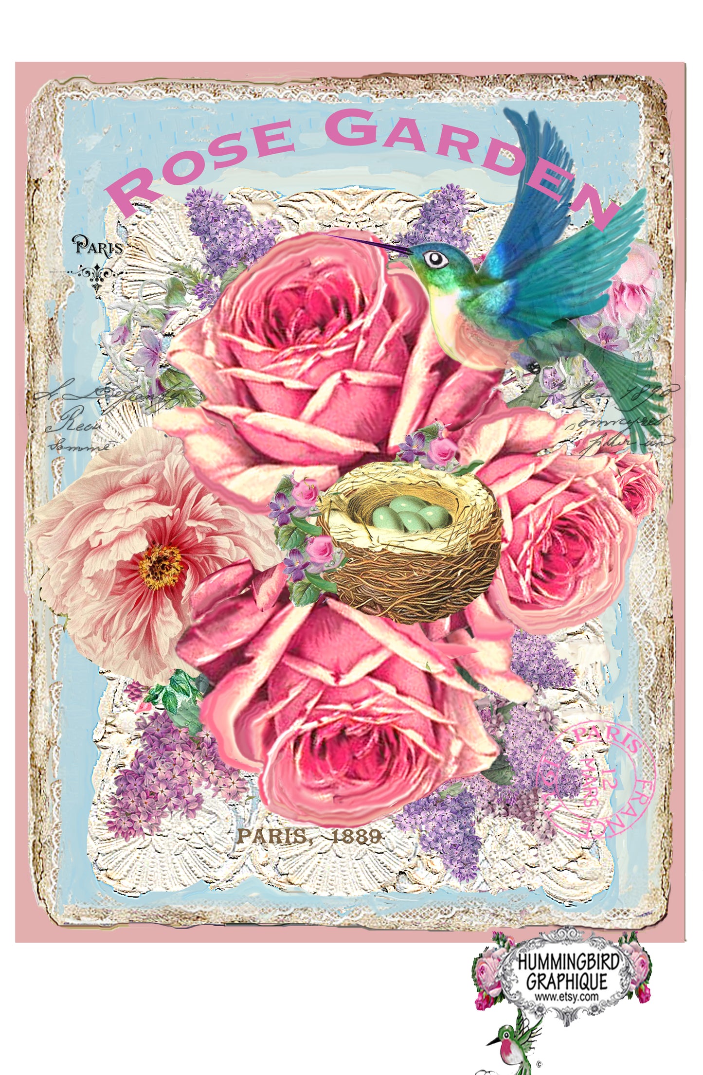 #461 ROSE GARDEN WITH HUMMINGBIRD - BEAUTIFUL SHABBY IMAGE