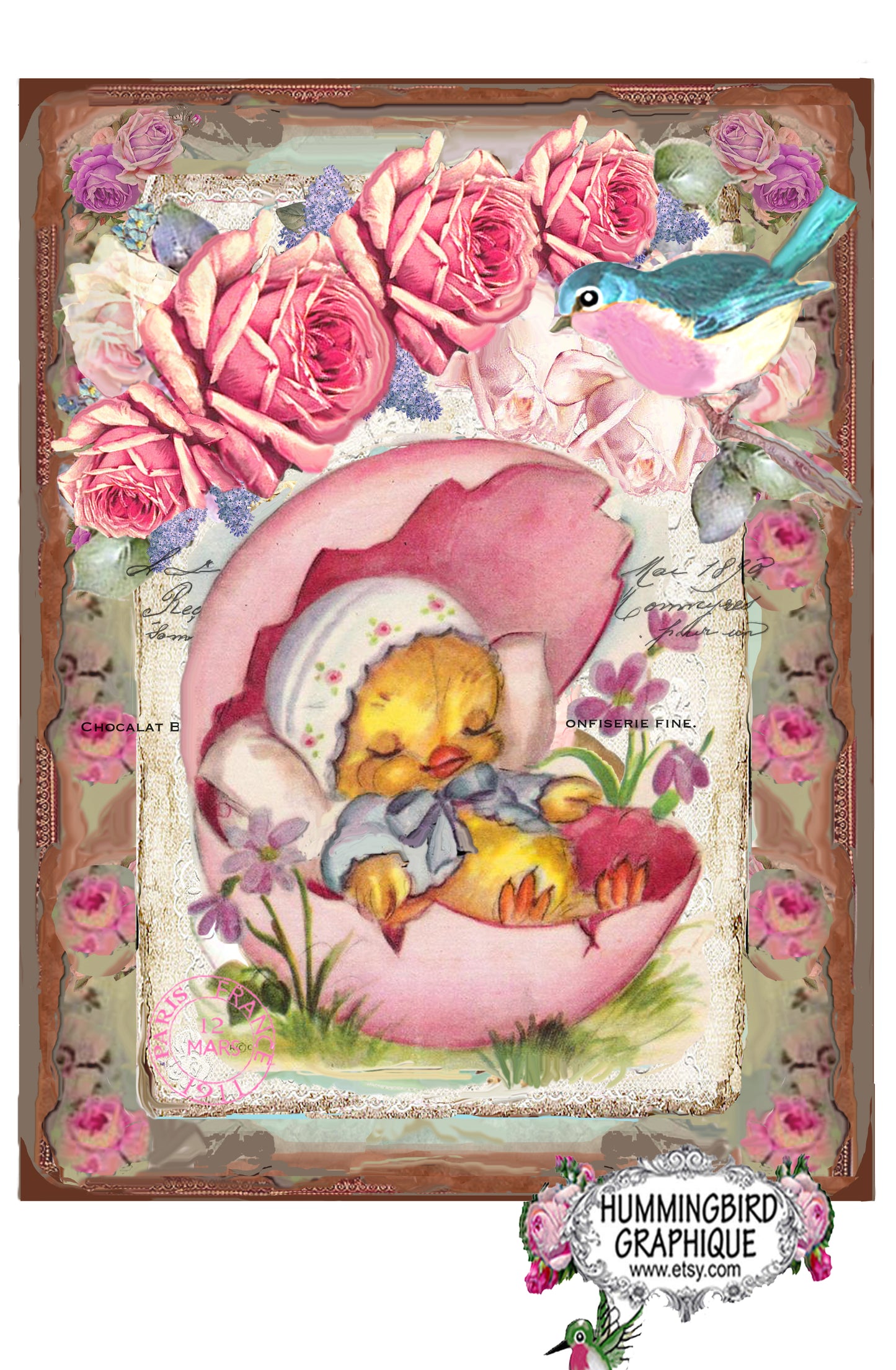 #462 PRECIOUS BABY CHICK SLEEPING IN EGGSHELL WITH BLUEBIRD AND ROSES - BEAUTIFUL SHABBY IMAGE