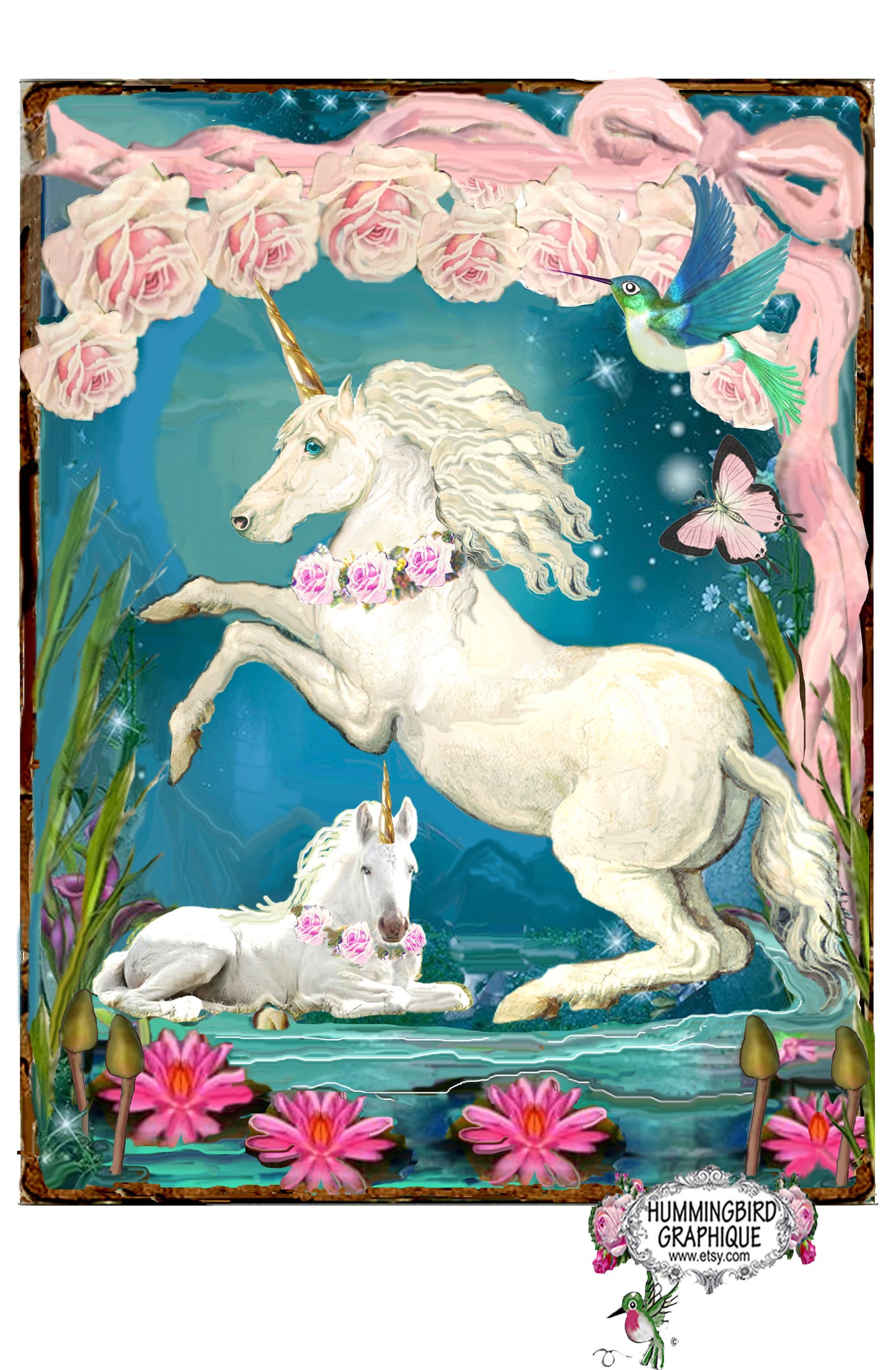 #480 BEAUTIFUL UNICORN AND BABY WITH ROSES AND STARDUST - ANIMALS