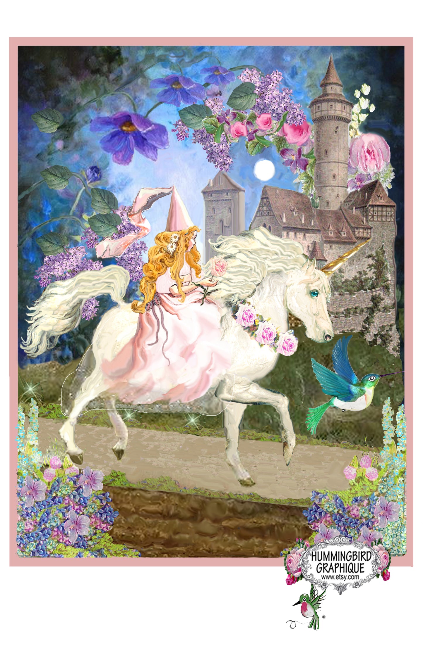 #481 BEAUTIFUL PRINCESS RIDING A UNICORN IN ENCHANTED FOREST- BEAUTIFUL SHABBY IMAGE