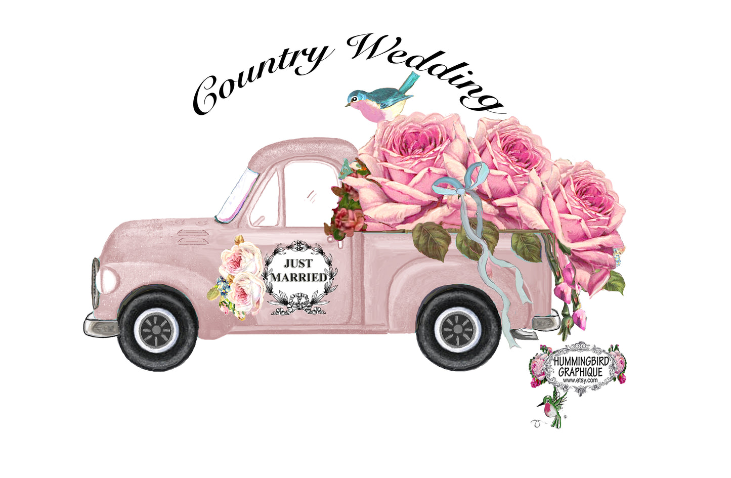 #490 COUNTRY WEDDING JUST MARRIED PINK TRUCK WITH BLUEBIRD - COUNTRY IMAGE