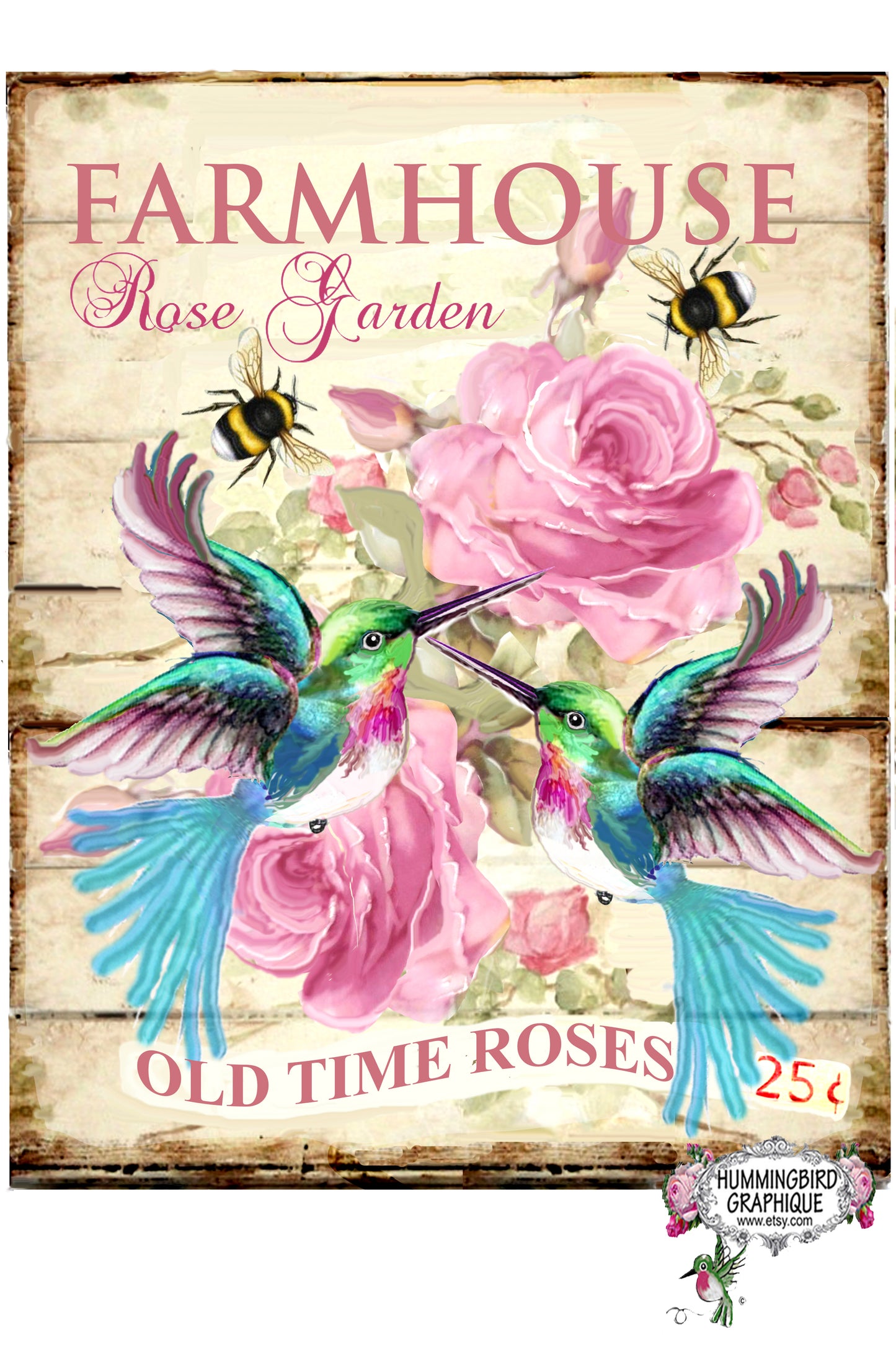 #491 FARMHOUSE ROSE GARDEN HUMMINGBIRD WOOD SIGN - COUNTRY IMAGE