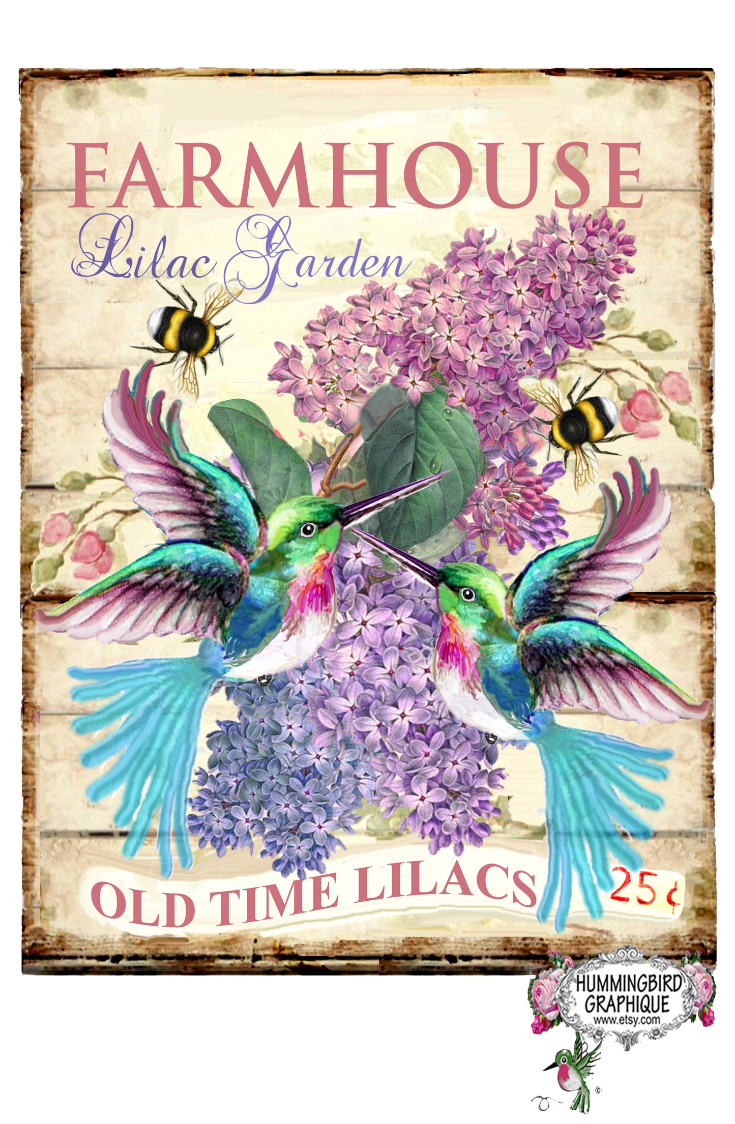 #492 FARMHOUSE LILAC HUMMINGBIRD GARDEN WOOD SIGN - COUNTRY IMAGE