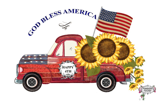 #494 GOD BLESS AMERICA PATRIOT TRUCK WITH SUNFLOWERS - COUNTRY IMAGE