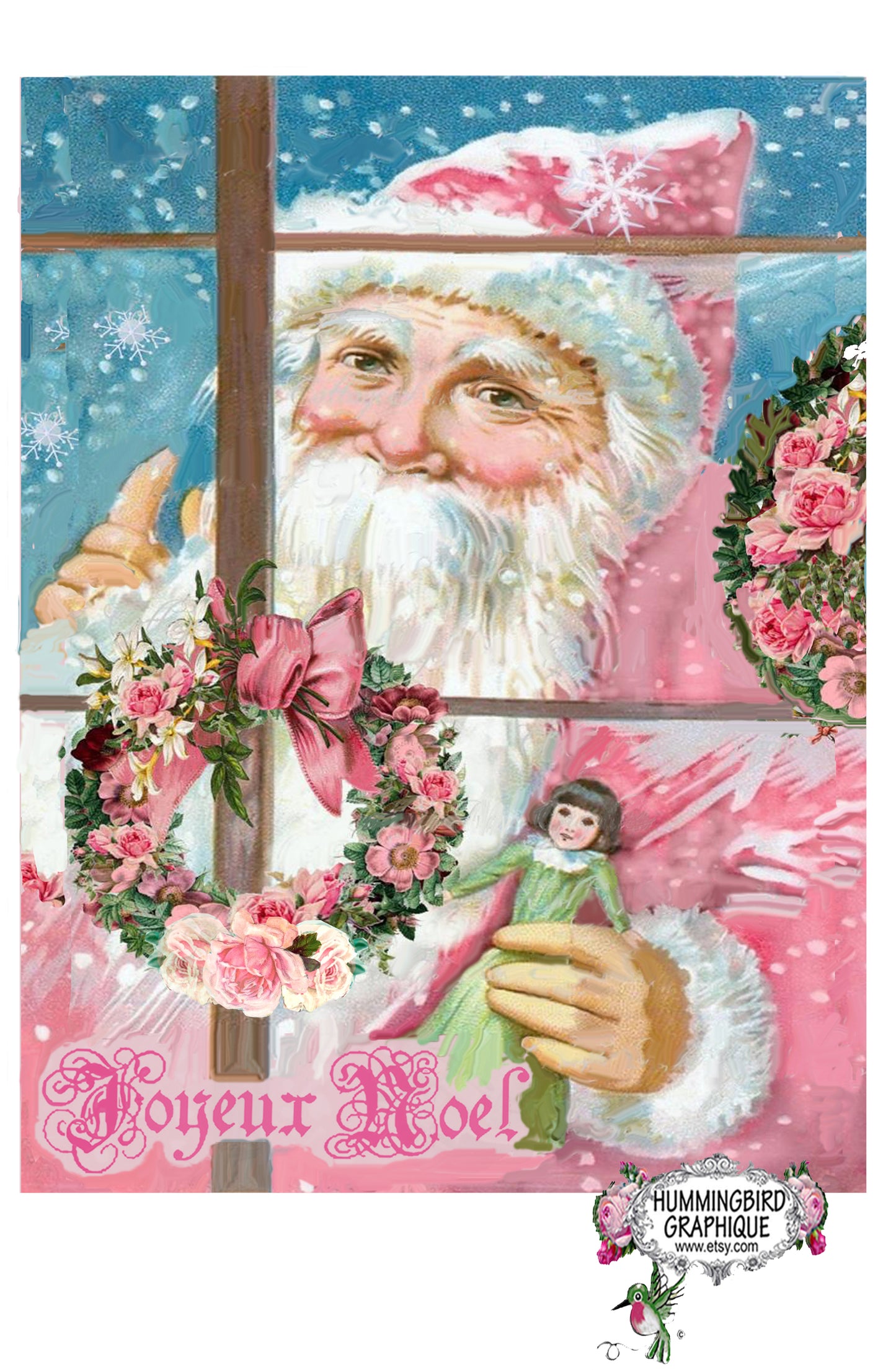 #518 PINK SANTA AT THE WINDOW WITH ANTIQUE DOLL- CHRISTMAS