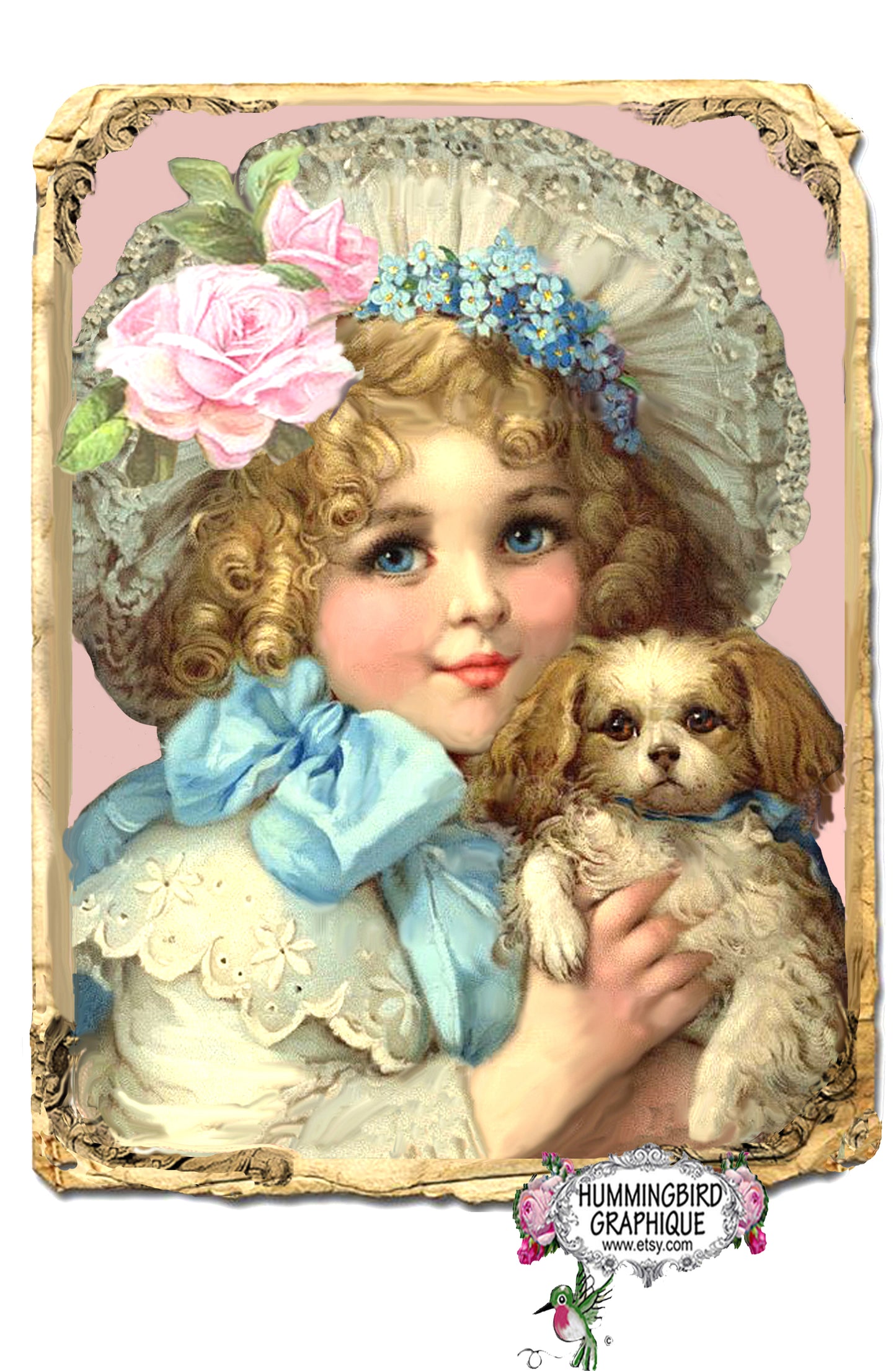 #53 BEAUTIFUL BONNET GIRL WITH HER PUPPY - BEAUTIFUL SHABBY IMAGE