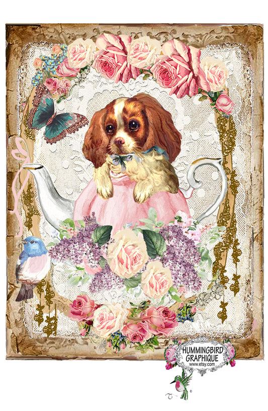 #556 CHARMANTE THÉIÈRE VICTORIENNE ROSE AVEC CHIOT ET ROSES - BELLE IMAGE SHABBY