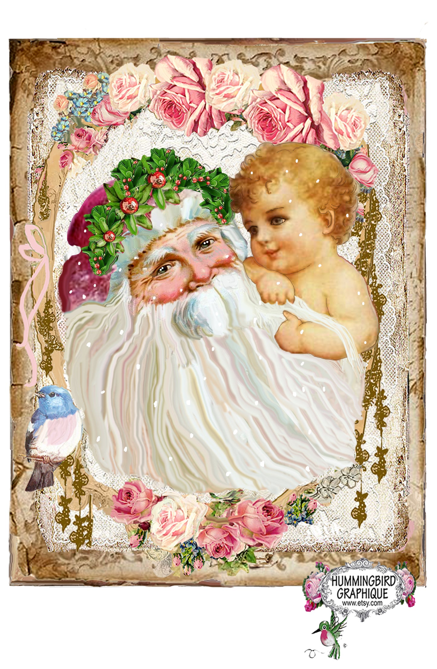 #557 OLD TIME SANTA WITH CURLY HAIRED BABY AND BLUEBIRD - CHRISTMAS