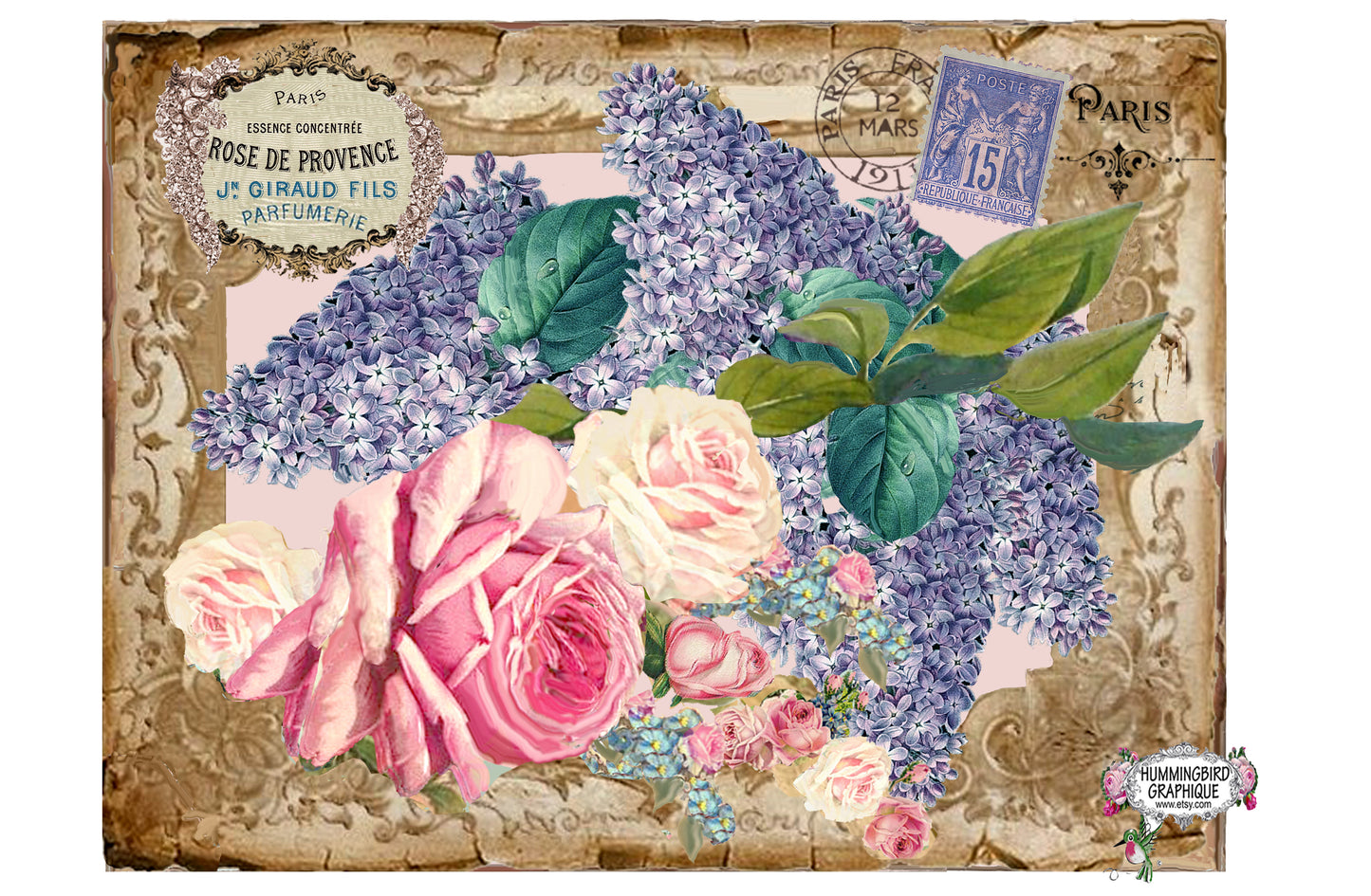 #561 BEAUTIFUL ROSES LILACS STAMP PARIS SIGN - BEAUTIFUL SHABBY IMAGE