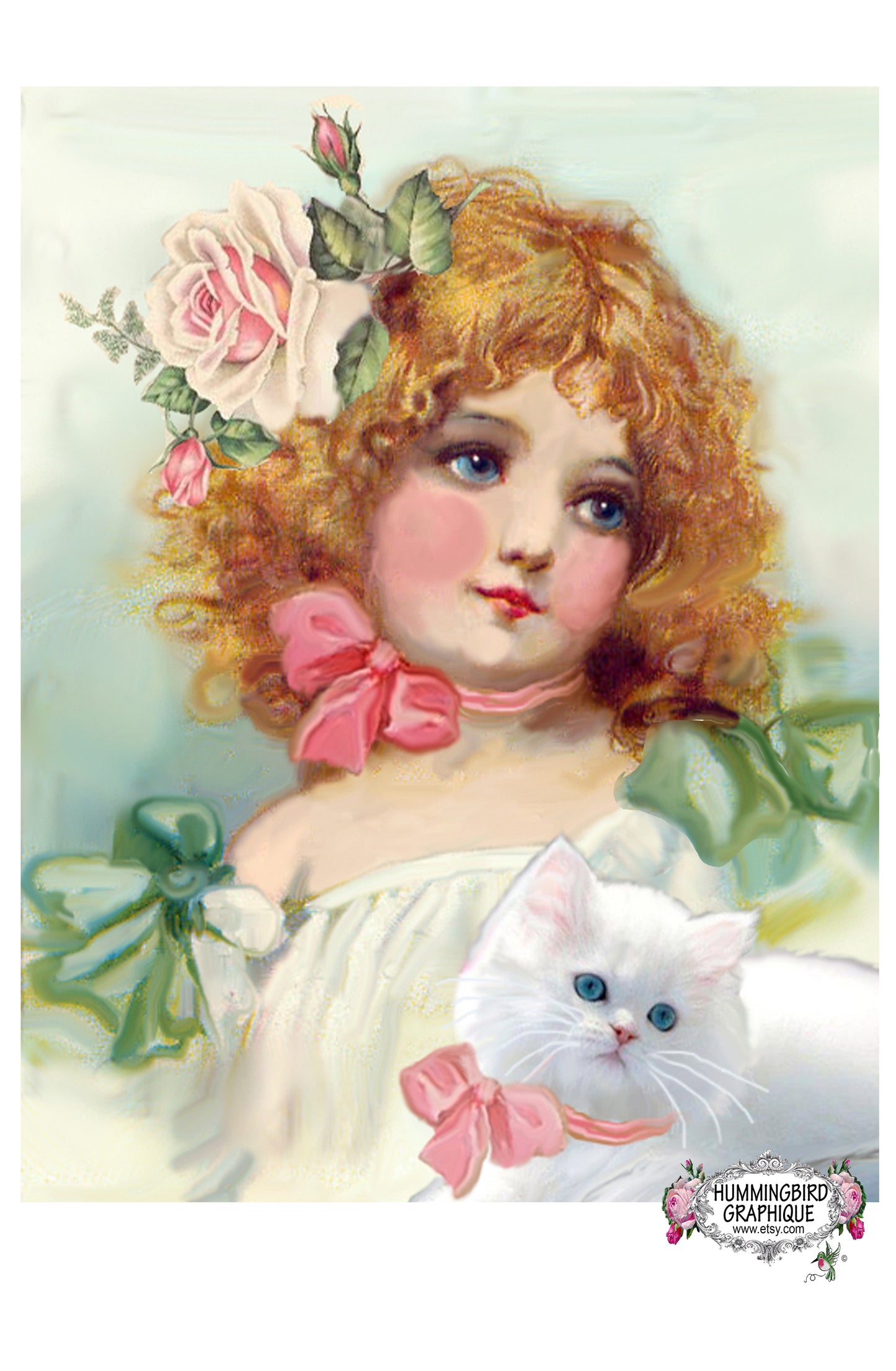 #56 BEAUTIFUL VICTORIAN GIRL AND HER KITTEN - BEAUTIFUL SHABBY IMAGE