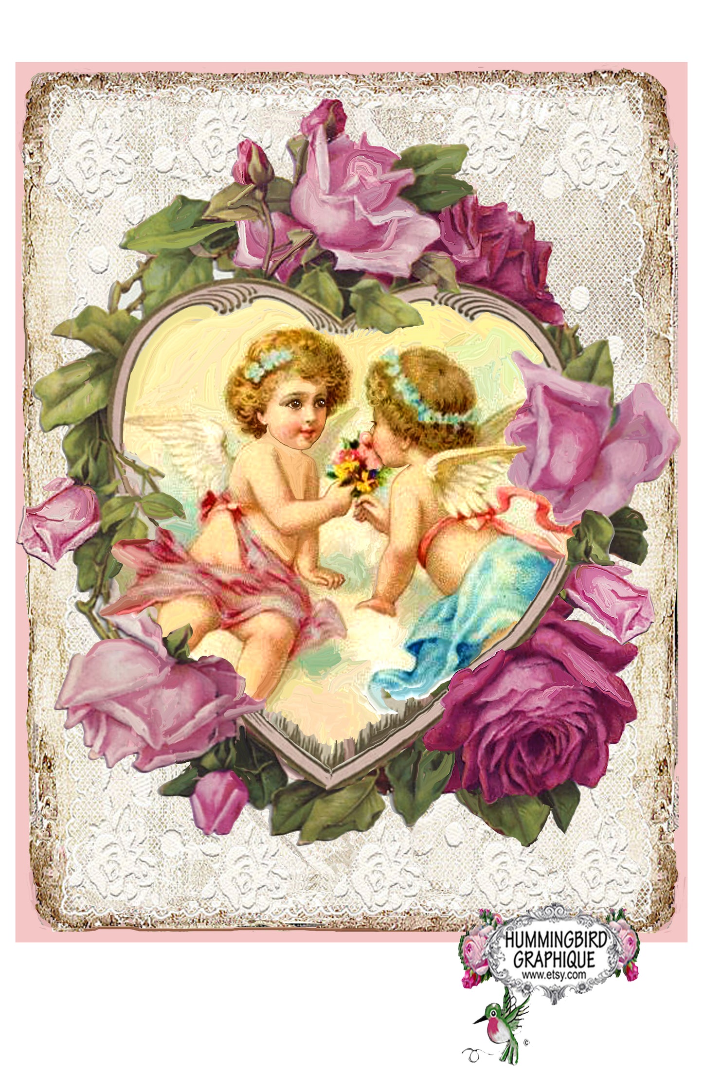 #582 CHARMANTS CUPIDON DANS UN CŒUR AVEC DES ROSES - BELLE IMAGE SHABBY