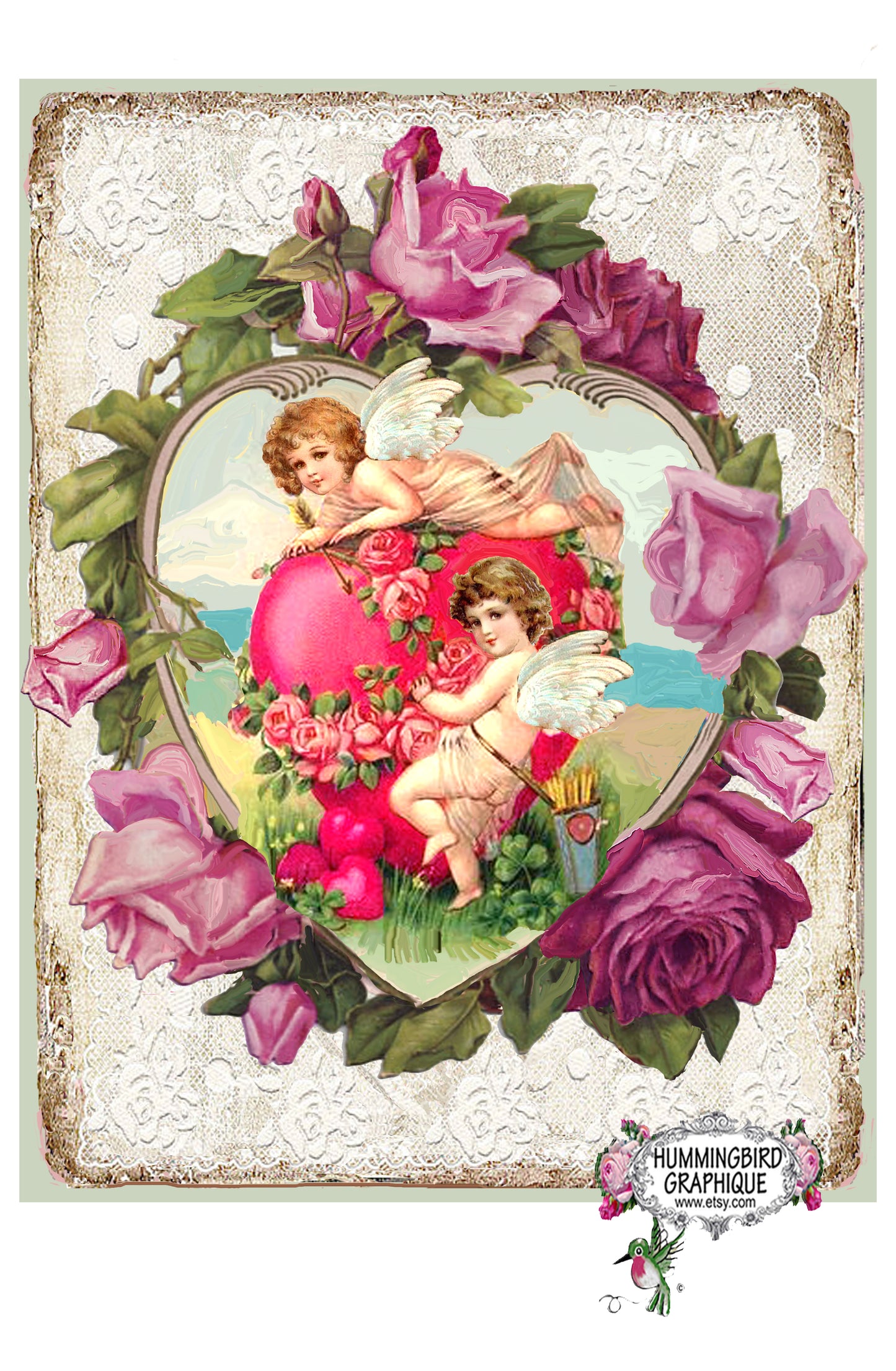 #583 PRECIOSOS CUPIDOS EN CORAZÓN CON ROSAS Y ENCAJE - HERMOSA IMAGEN SHABBY