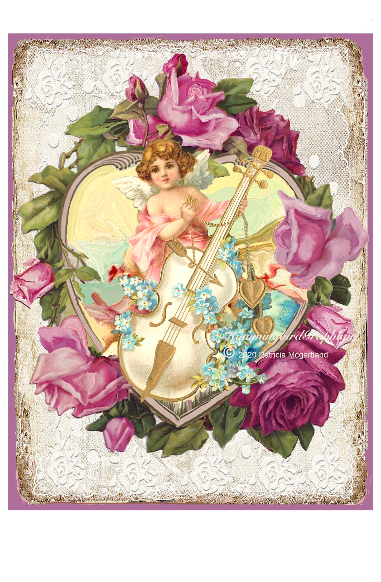 #584 BEAUTIFUL CUPID WITH CELLO AND ROSES - BEAUTIFUL SHABBY IMAGE