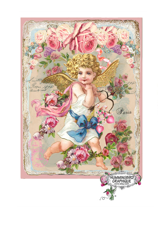 #589 BELLE FILLE CUPIDON AVEC ARC FLÈCHE ET ROSES - BELLE IMAGE SHABBY