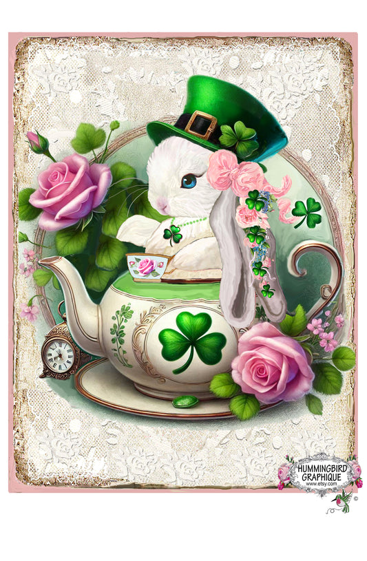 #592SH PRECIOUS KISS THE BLARNEY STONE BABY BUNNY IN TEAPOT WITH SHAMROCK NECKLACE- BUNNIES