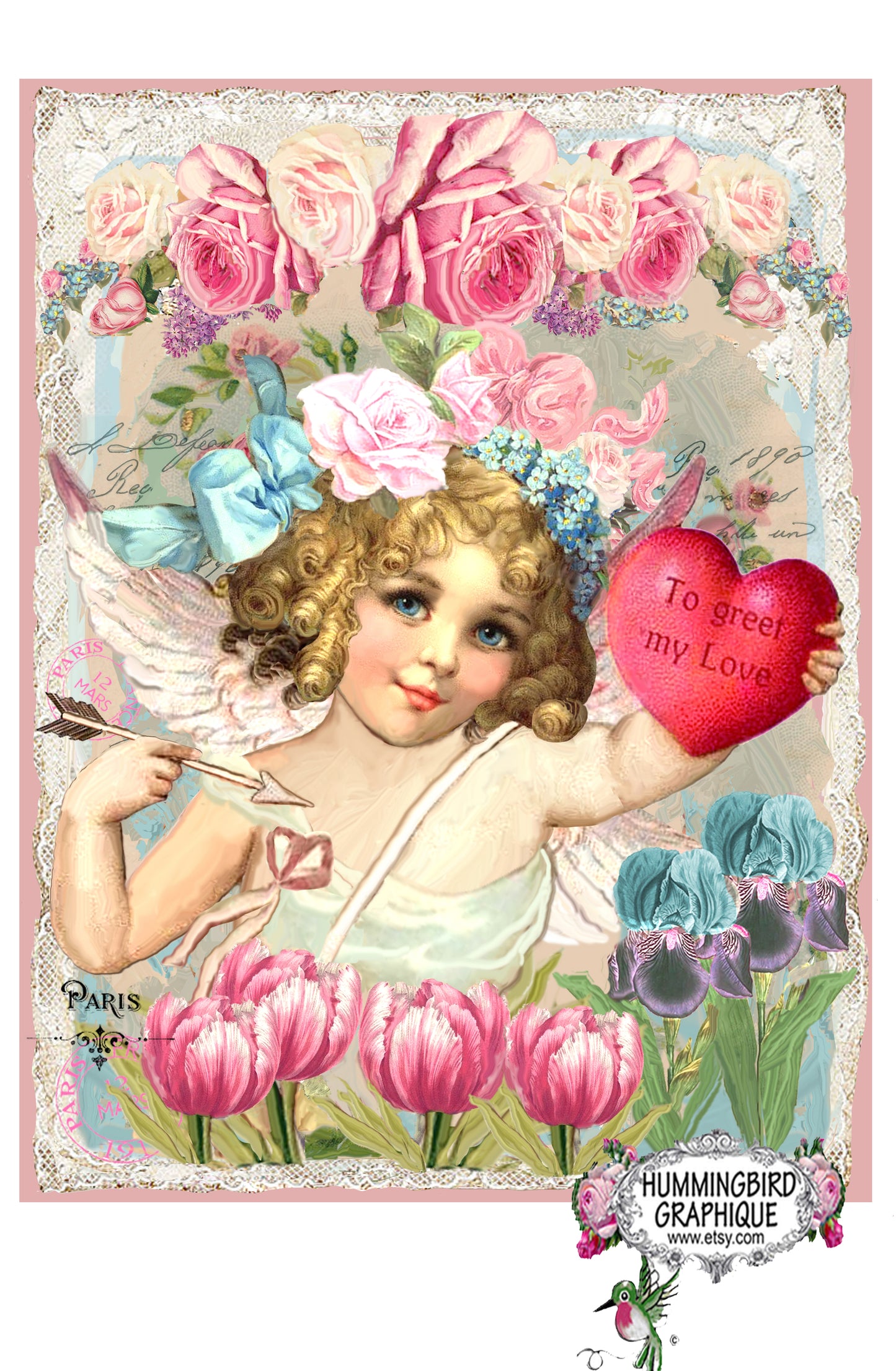 #597 HERMOSO QUERUBÍN DE SAN VALENTÍN CON ARCO, FLECHA, TULIPÁN, IRIS - HERMOSA IMAGEN SHABBY