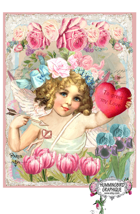 #597 BEAU CHÉRUBIN VALENTIN AVEC ARC FLÈCHE TULIPE IRIS - BELLE IMAGE SHABBY