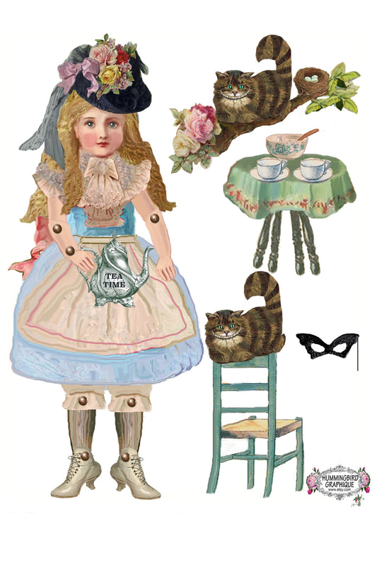 #59 ALICE TEA TIME WITH CHESHIRE CAT ARTICULATED DOLL PATTERN - ARTICULATED DOLLS PATTERN