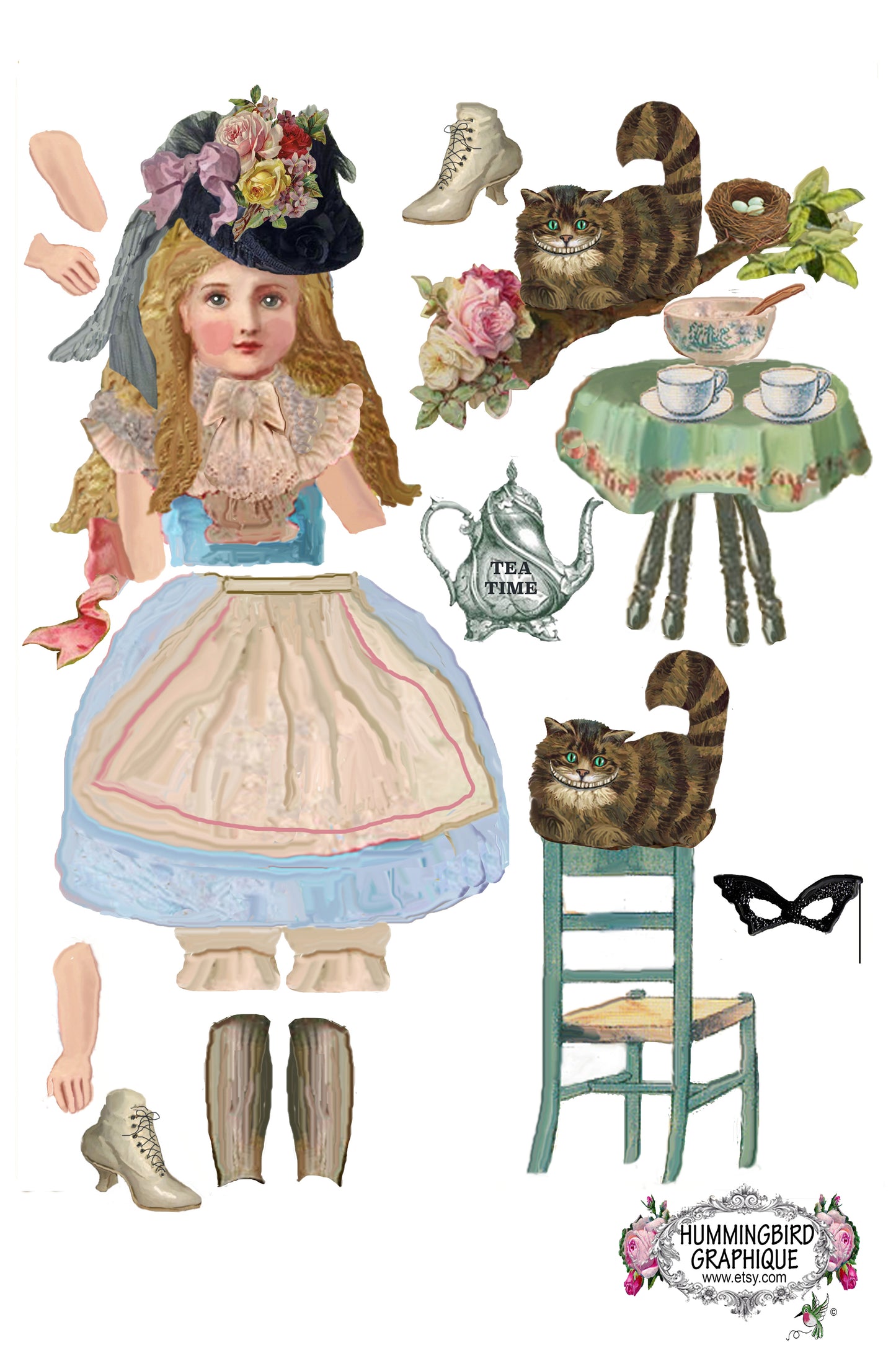 #59 ALICE TEA TIME WITH CHESHIRE CAT ARTICULATED DOLL PATTERN - ARTICULATED DOLLS PATTERN