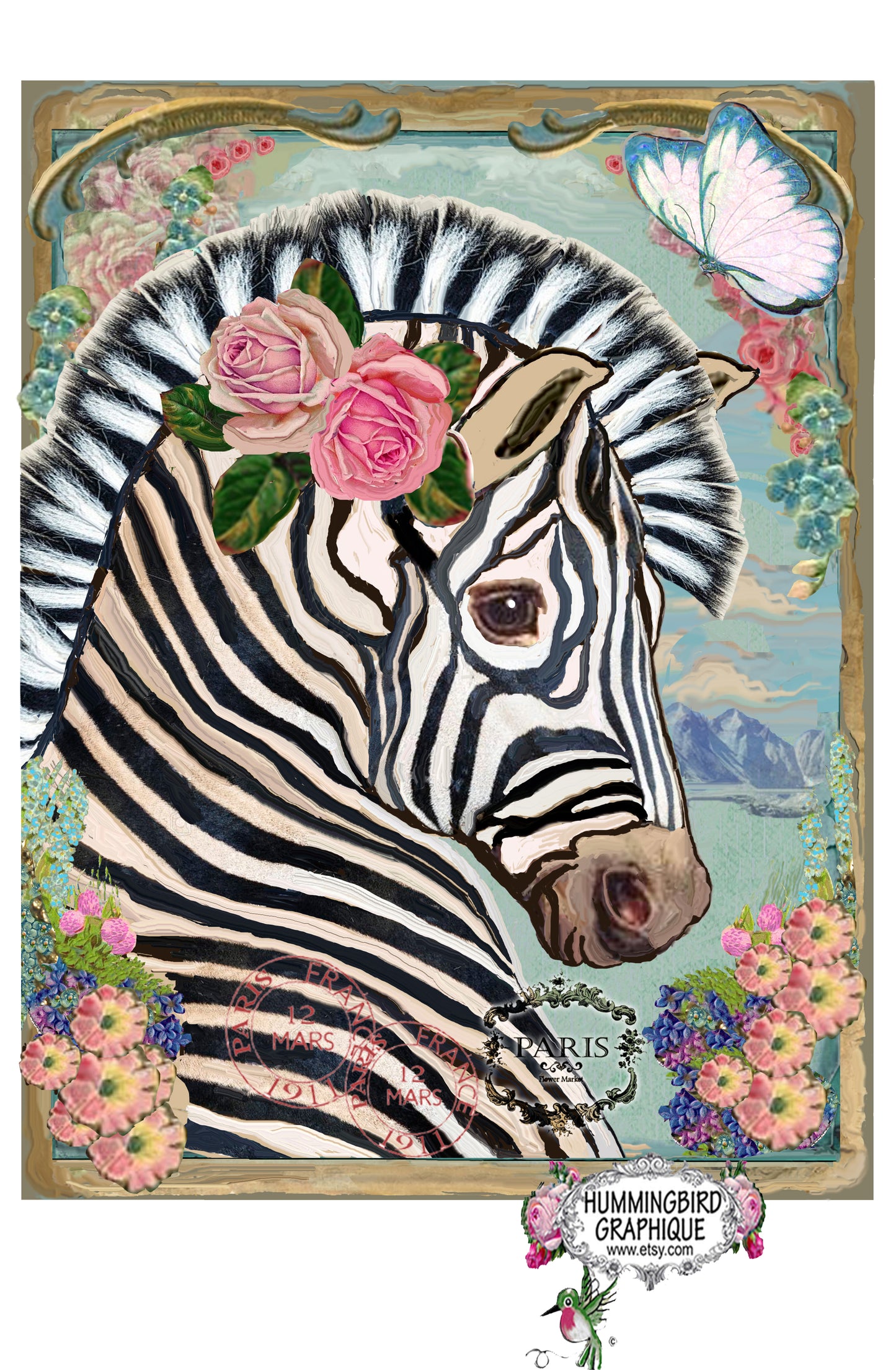 #605 BEAUTIFUL ZEBRA WITH ROSES - ANIMALS