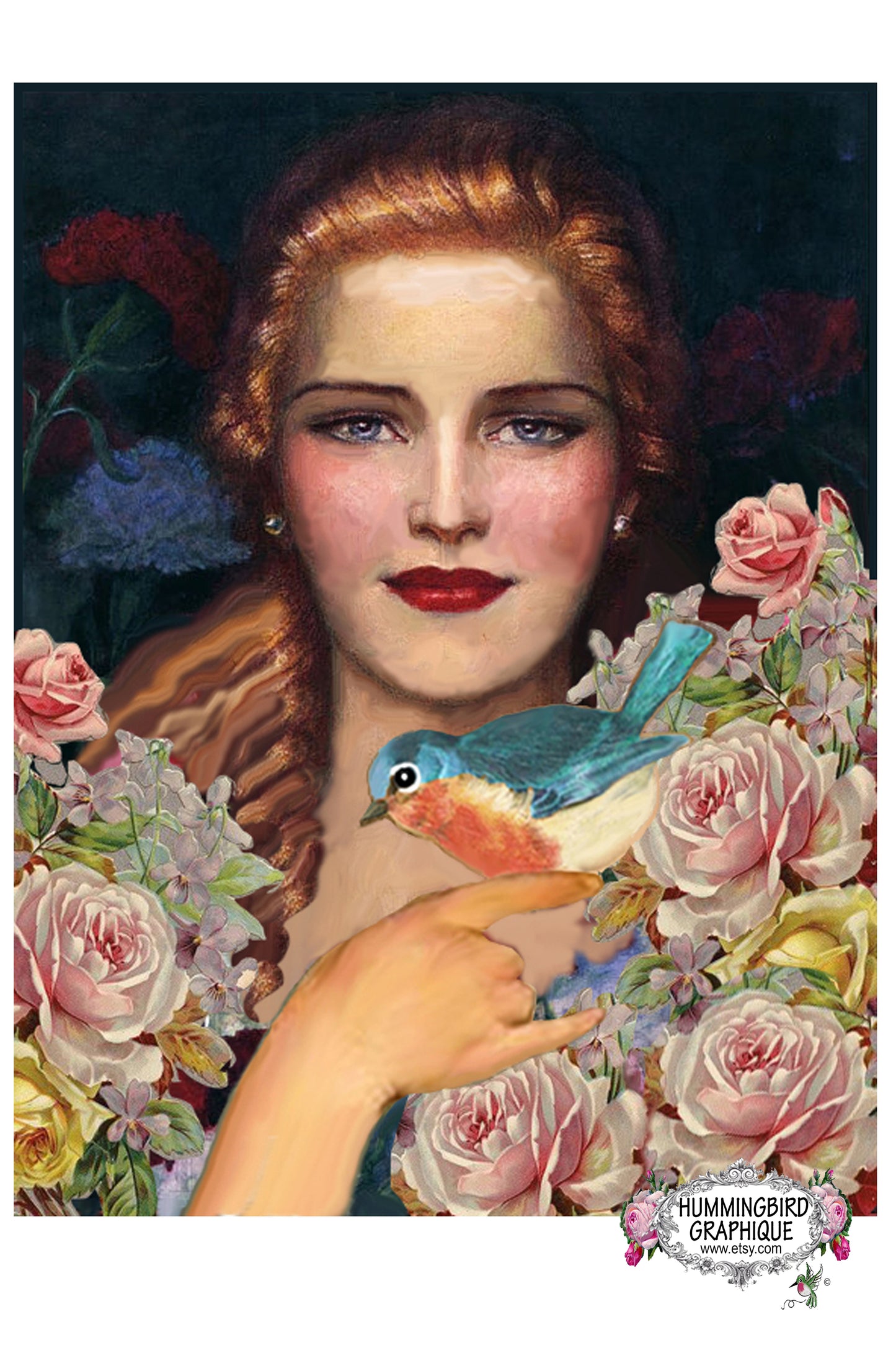 #60 BEAUTIFUL VICTORIAN GIRL WITH BLUEBIRD- BEAUTIFUL SHABBY IMAGE