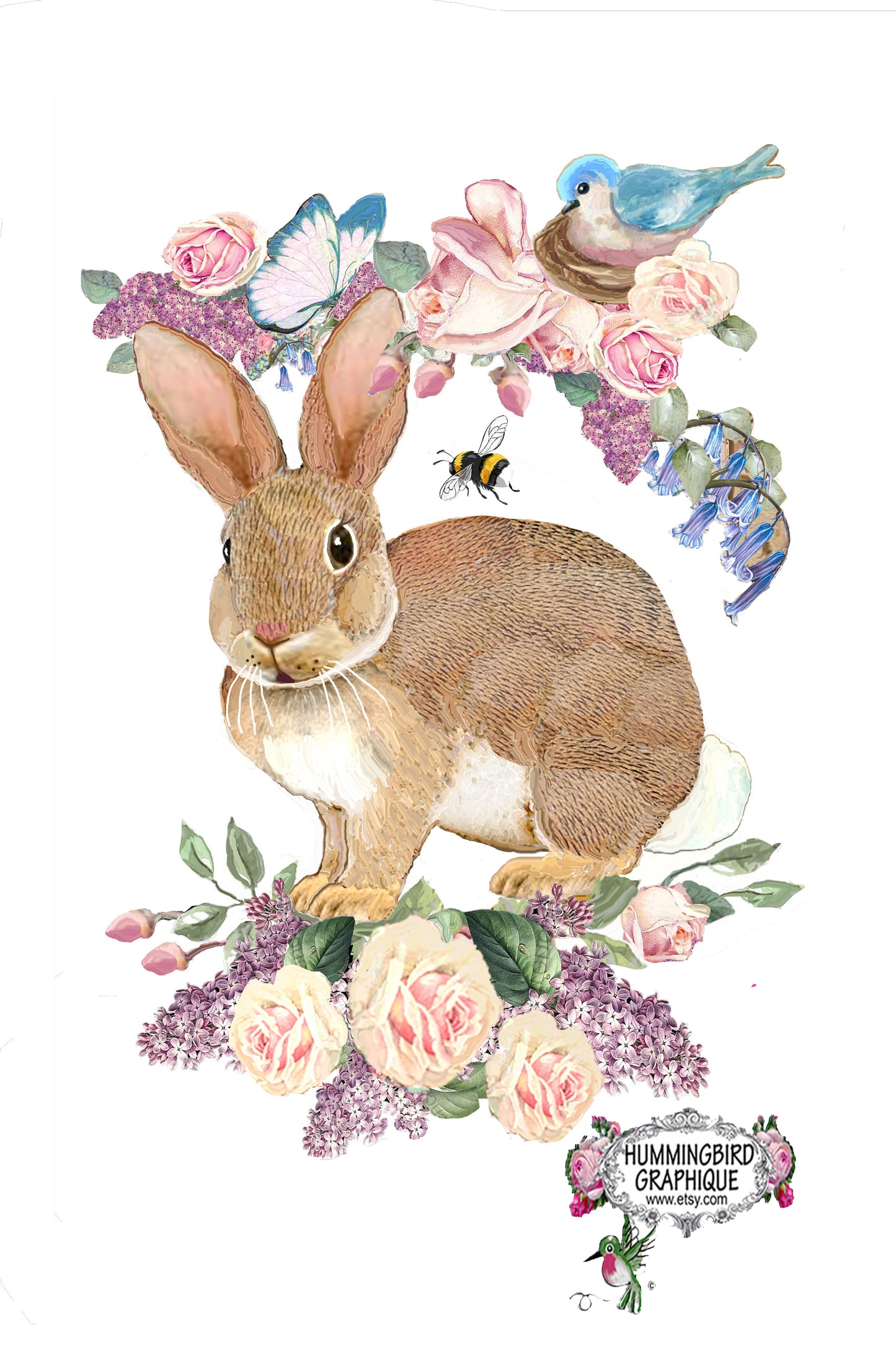 #616 PRECIOUS BUNNY WITH BLUEBIRD BEE AND ROSES - BEAUTIFUL SHABBY IMAGE