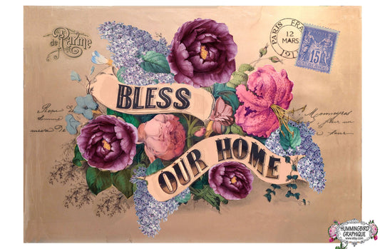 #628 BEAUTIFUL BLESS OUR HOME PEONIES ROSES LILACS SIGN - COUNTRY IMAGE