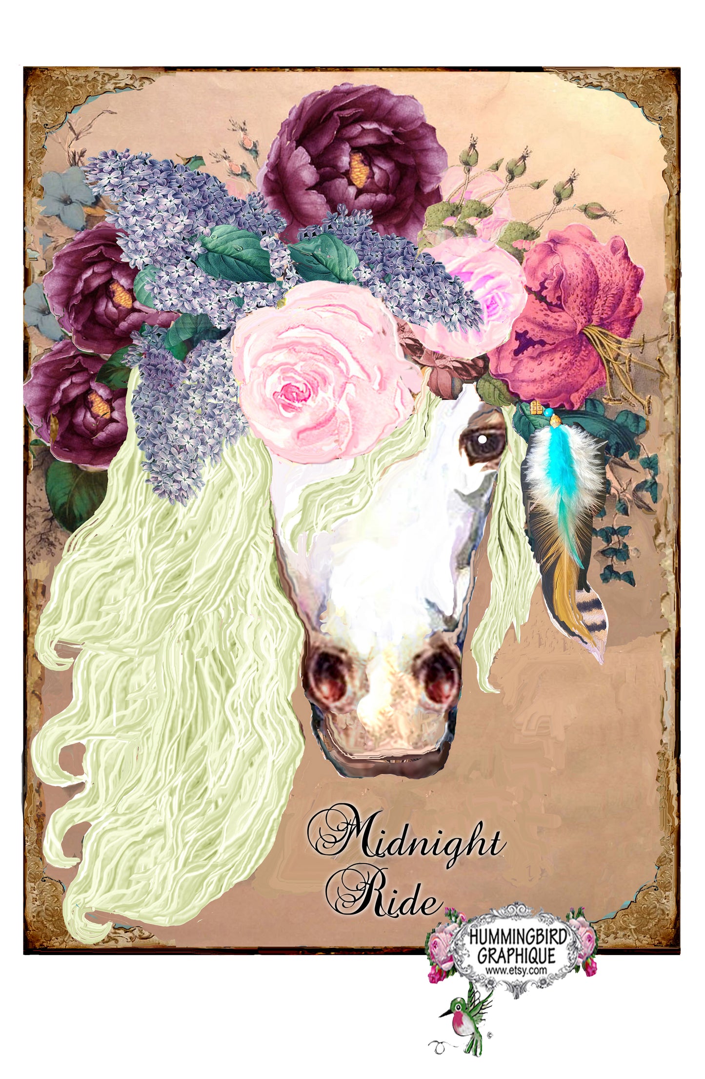 #629 MIDNIGHT RIDE BOHO WHITE HORSE WITH ROSES LILACS AND PEONIES- ANIMALS