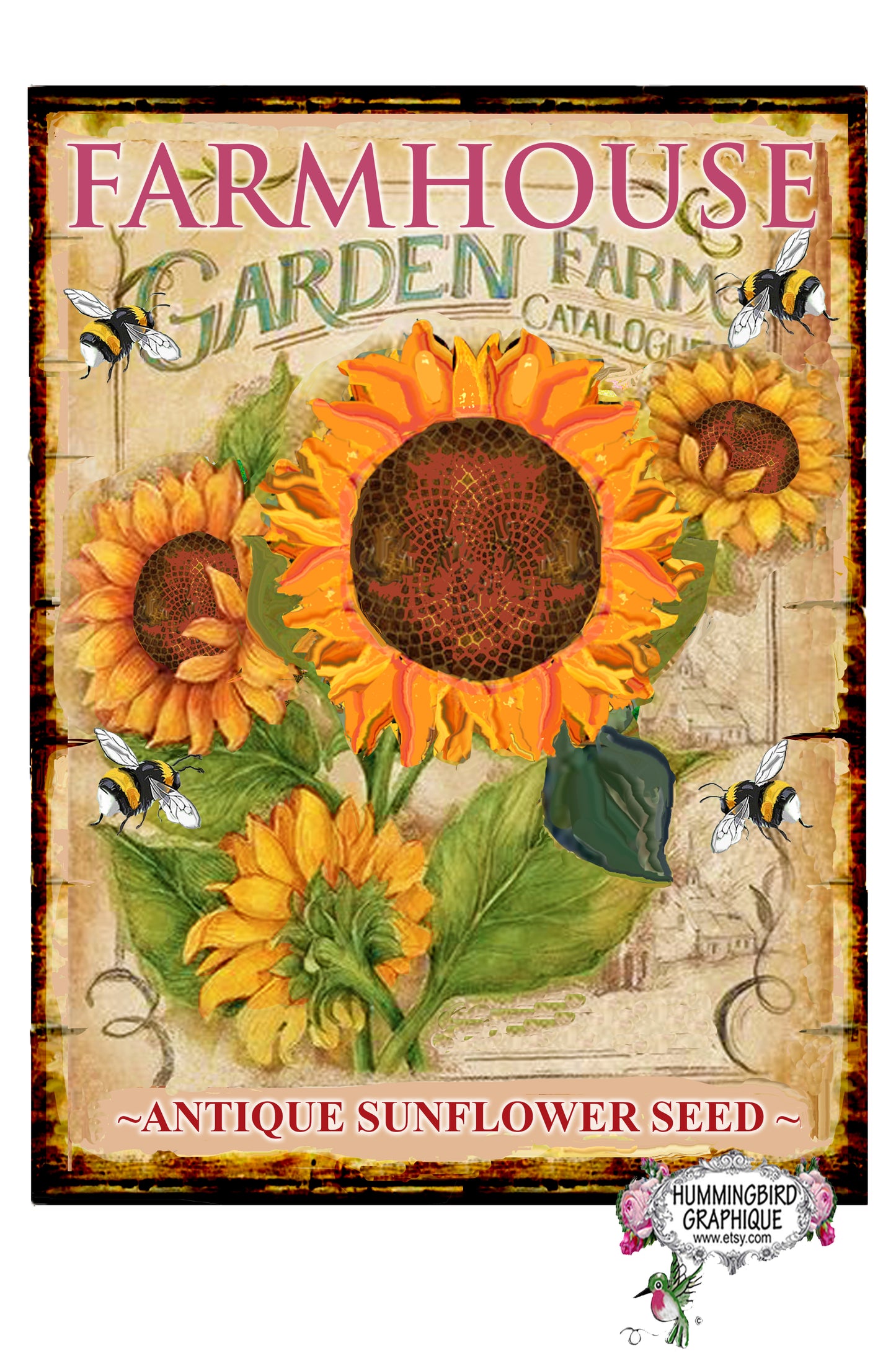 #685 FARMHOUSE GARDEN ANTIQUE SUNFLOWER SEED SIGN - COUNTRY IMAGE