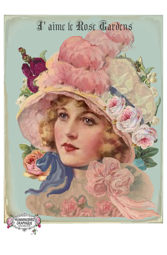 #88 BELLE FILLE VICTORIENNE AU BONNET AVEC DES ROSES - BELLE IMAGE SHABBY