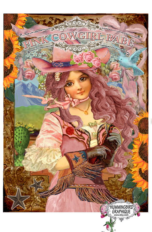 #987 PINK COWGIRL BABY WITH BLUEBIRD SUNFLOWERS AND CACTUS- COWGIRL