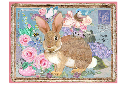 #991 BEAUTIFUL BUNNY POSTCARD WITH BLUEBIRD EASTER EGG ROSES BEE AND LILACS - COUNTRY IMAGE