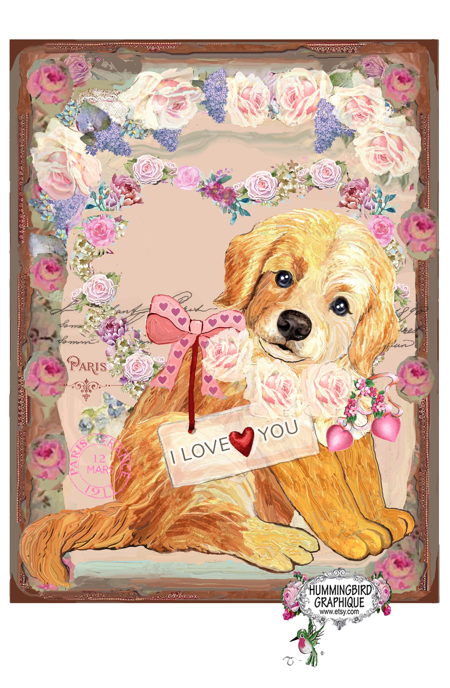 #998 PRECIOUS BABY GOLDEN RETRIEVER VALENTINE WITH ROSES- ANIMALS