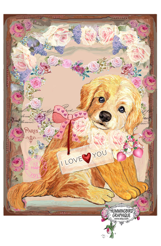 #998 PRECIOUS BABY GOLDEN RETRIEVER VALENTINE WITH ROSES- ANIMALS