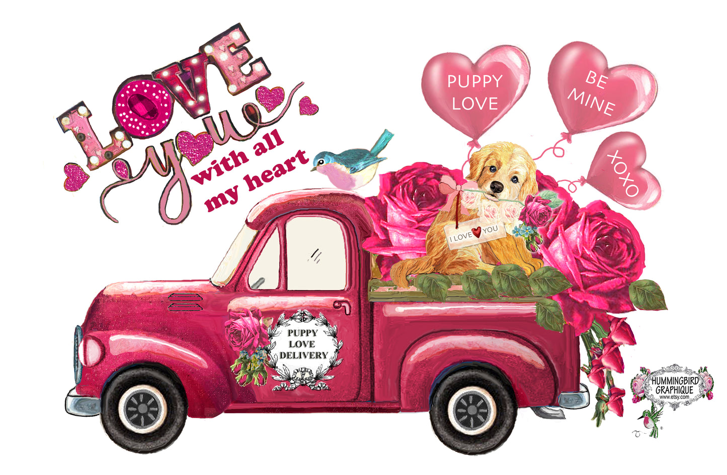 #999 LOVE YOU WITH ALL MY HEART GOLDEN RETRIEVER TRUCK WITH HEART BALLOONS - ANIMALS