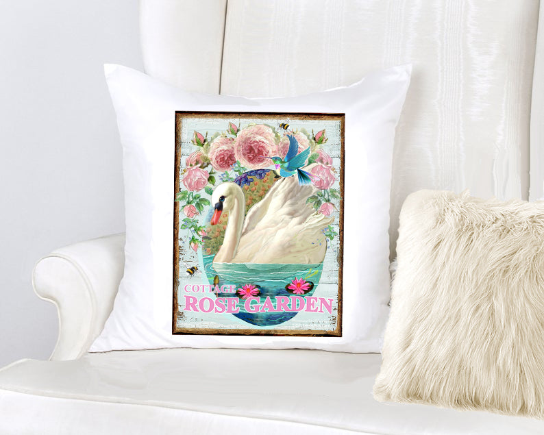 #1006 BEAUTIFUL SWAN WITH HUMMINGBIRD ROSES IN COTTAGE ROSE GARDEN - COUNTRY IMAGE