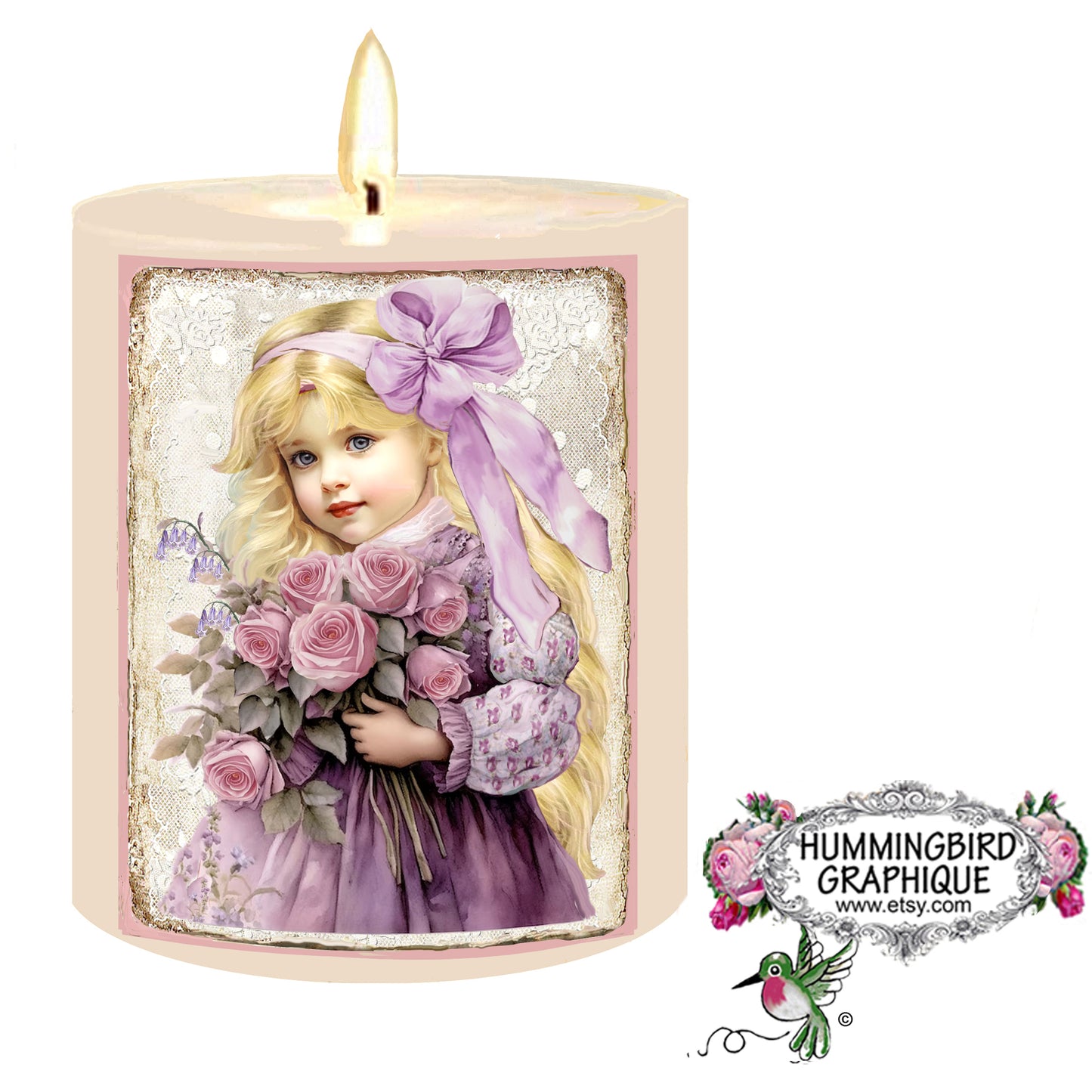 #1233 BELLE PETITE FILLE VICTORIENNE AVEC DES ROSES ET DES CAMPANELLES - BELLE IMAGE SHABBY