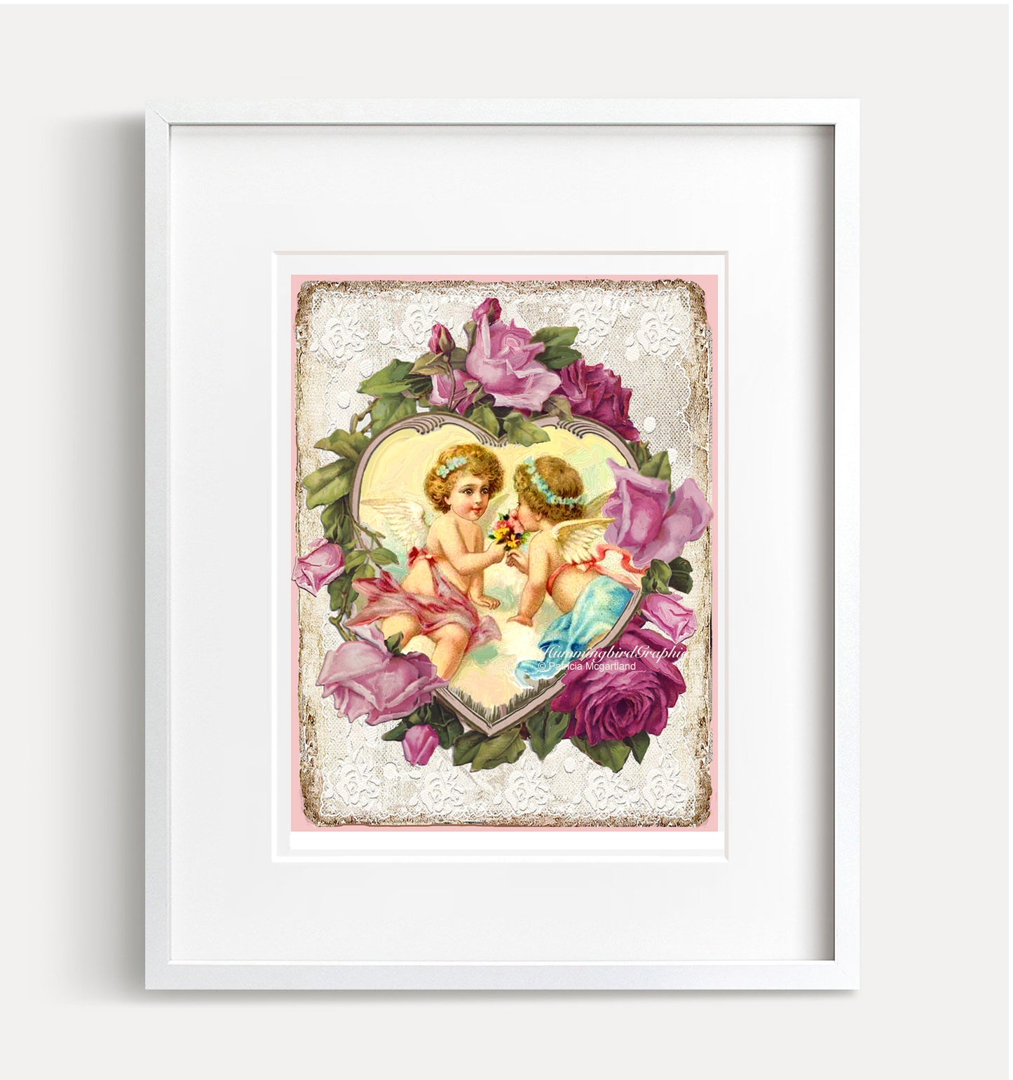 #582 CHARMANTS CUPIDON DANS UN CŒUR AVEC DES ROSES - BELLE IMAGE SHABBY