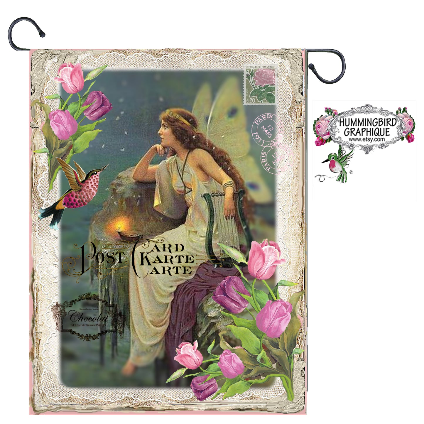 #198 ENCANTADORA HADA NOCTURNA Y COLIBRÍ - HERMOSA IMAGEN SHABBY