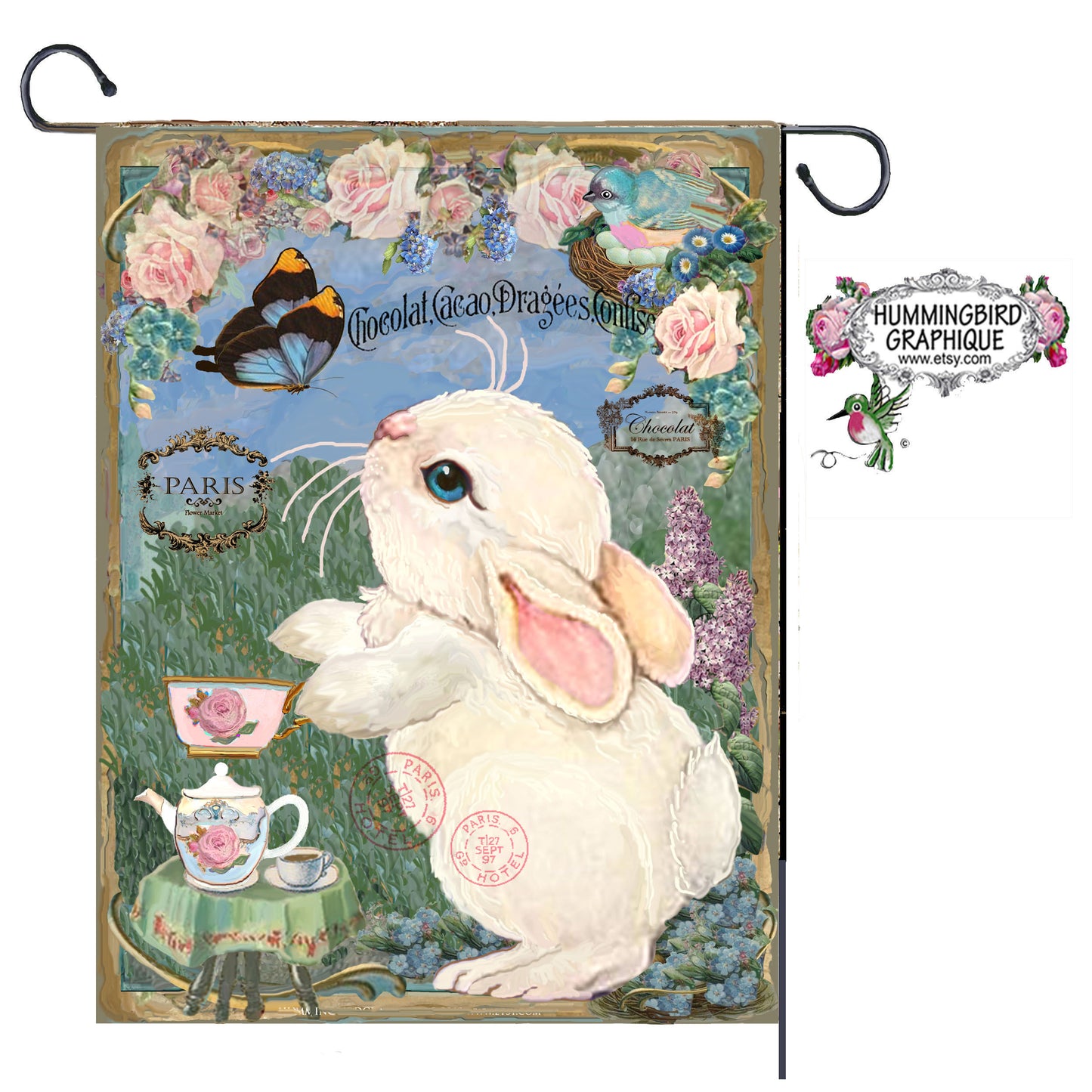 #214 BEAUTIFUL BUNNY TEAPARTY WITH BUTTERFLY - BEAUTIFUL SHABBY IMAGE