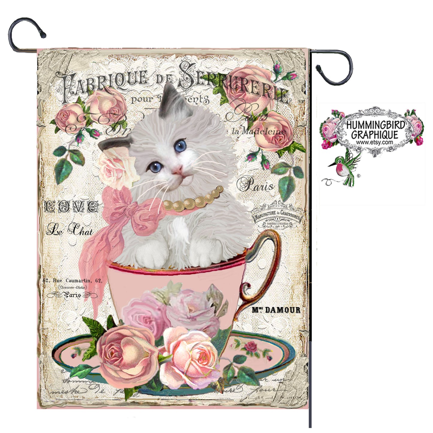 #217 BEAU CHATON DANS UNE TASSE DE THÉ AVEC DES ROSES - BELLE IMAGE SHABBY