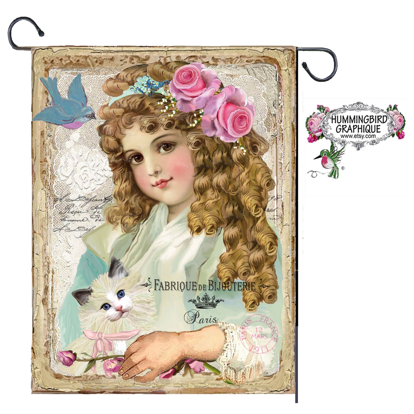 #225 CHARMANTE FILLE VICTORIENNE AVEC MERLE BLEU ET CHATON - BELLE IMAGE SHABBY