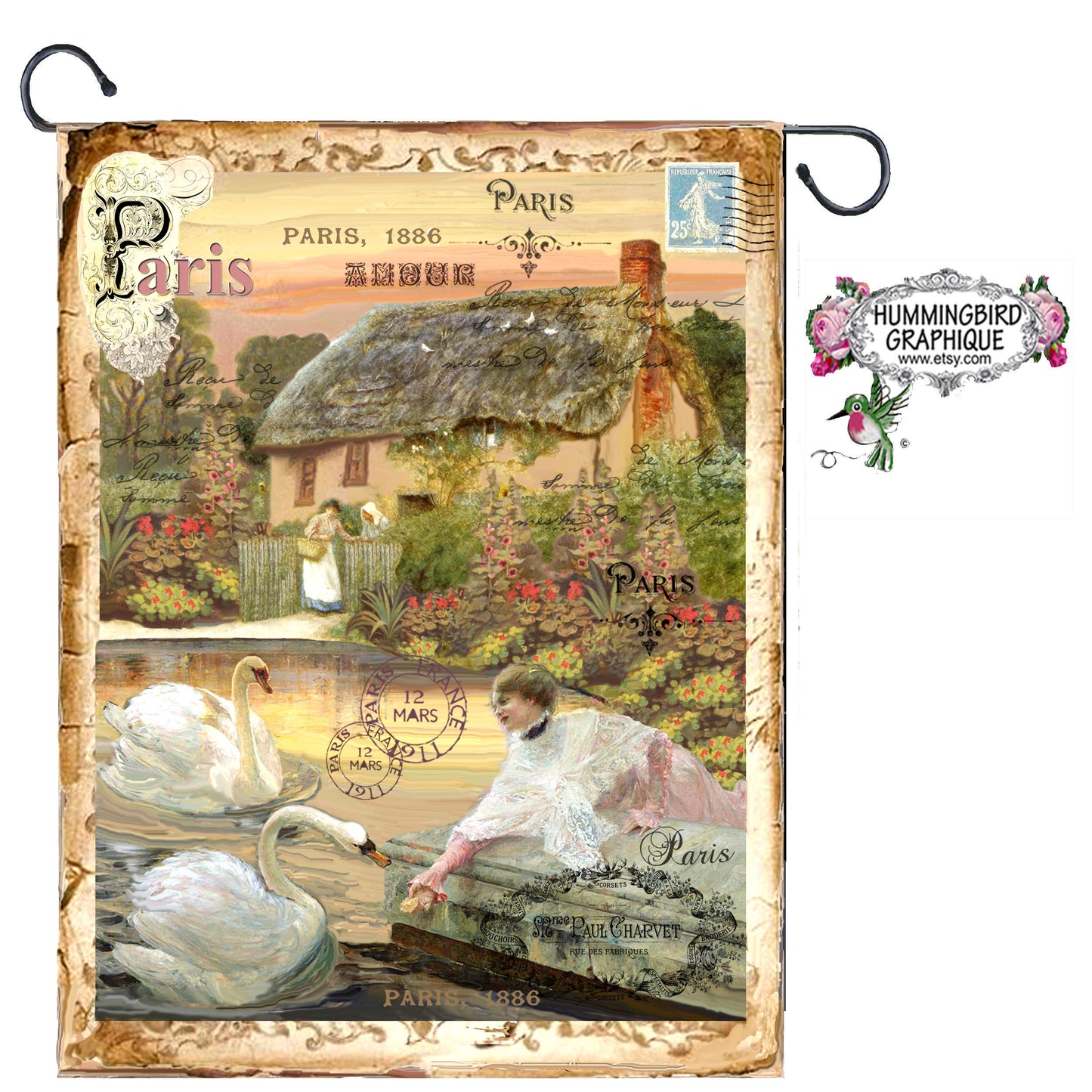 #240 BEAUTIFUL COTTAGE GARDEN LADY FEEDING SWANS - BEAUTIFUL SHABBY IMAGE