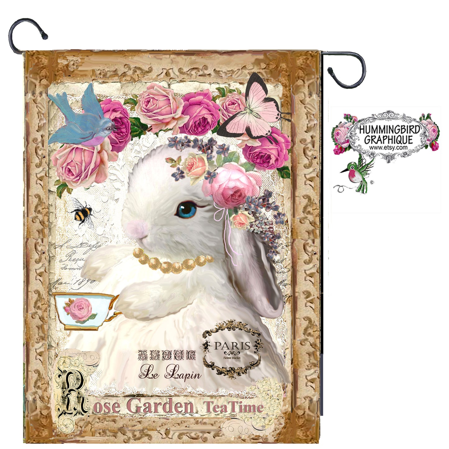 #247 BABY BUNNY WITN ROSES AND BLUEBIRD - BEAUTIFUL SHABBY IMAGE