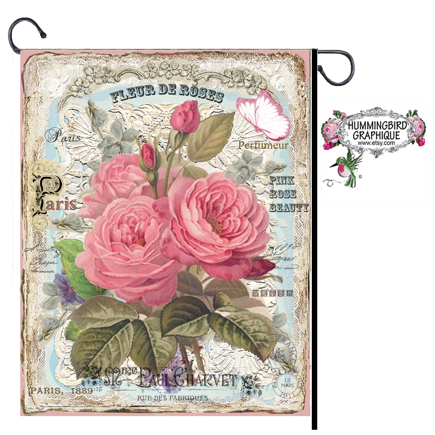 #312 BELLE BEAUTÉ DE ROSE ROSE AVEC PAPILLON - BELLE IMAGE SHABBY