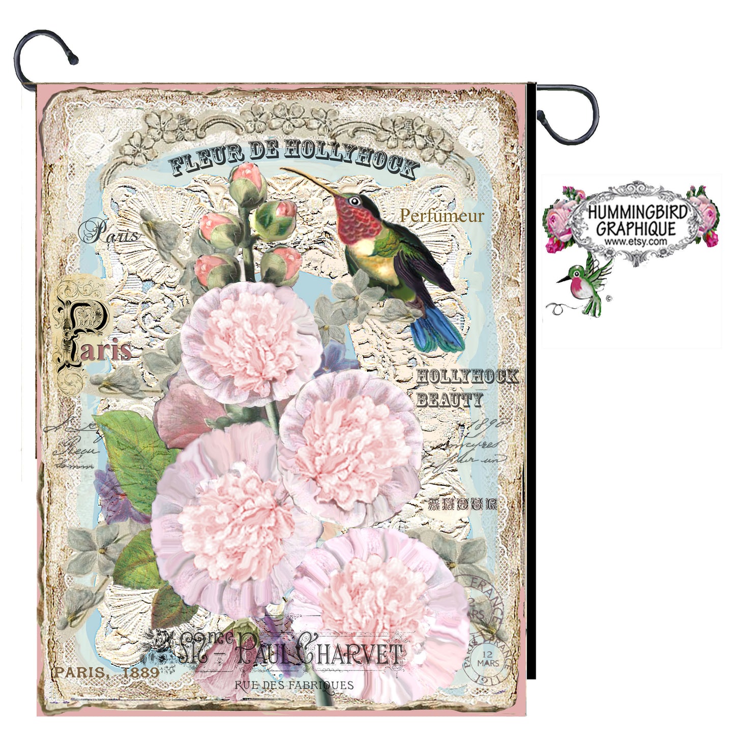 #313 BEAUTIFUL HOLLYHOCK WITH HUMMINGBIRD - BEAUTIFUL SHABBY IMAGE