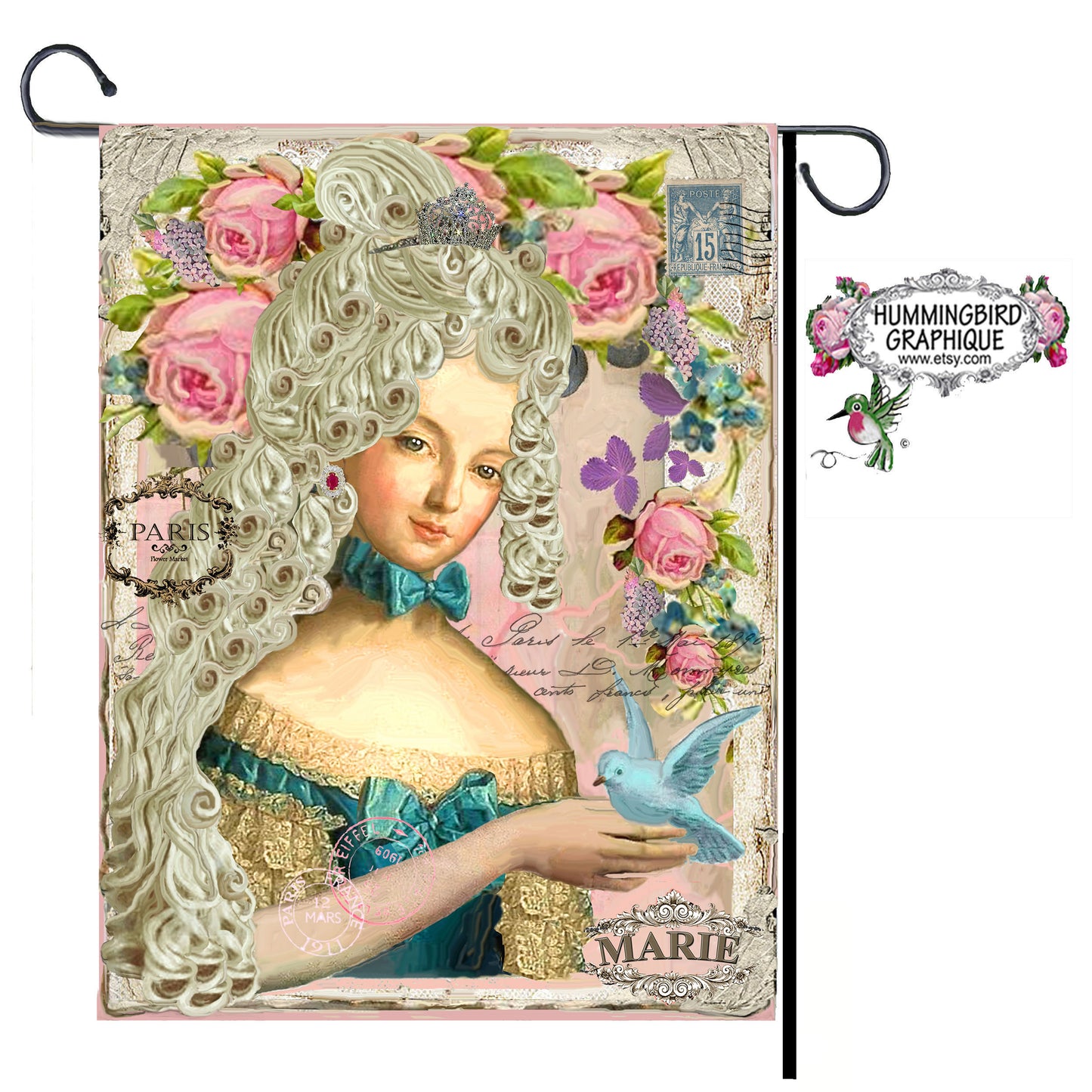 #334 BELLE MARIE ANTOINETTE AVEC DES ROSES ET UN MERLE BLEU - BELLE IMAGE SHABBY