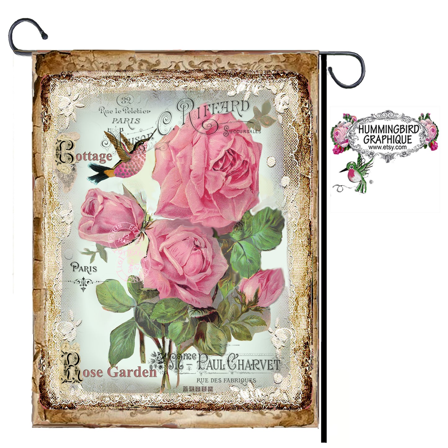 #350 BELLES ROSES DE JARDIN DE ROSÉES AVEC COLIBRI - BELLE IMAGE SHABBY