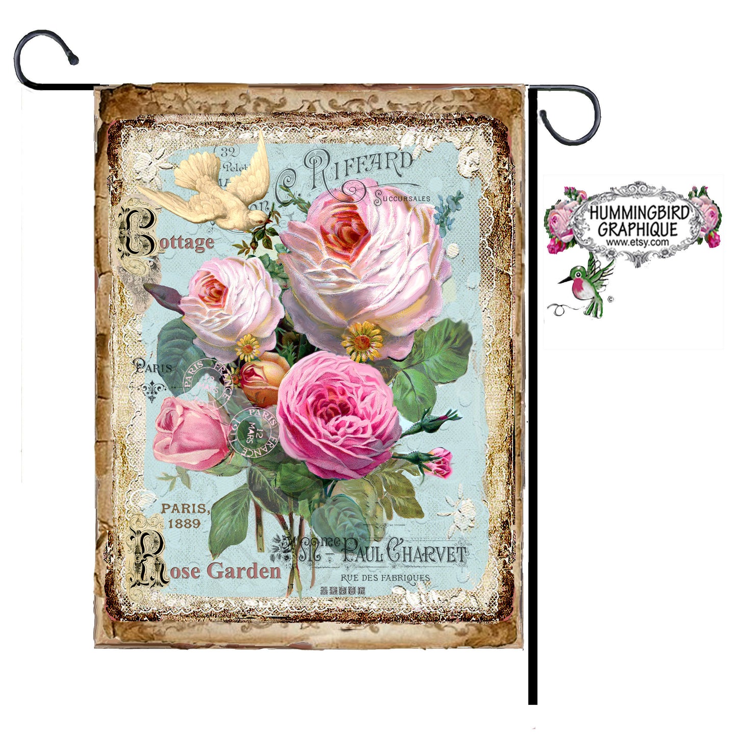 #375 COTTAGE ROSE GARDEN AVEC ROSES ET COLOMBE - BELLE IMAGE SHABBY